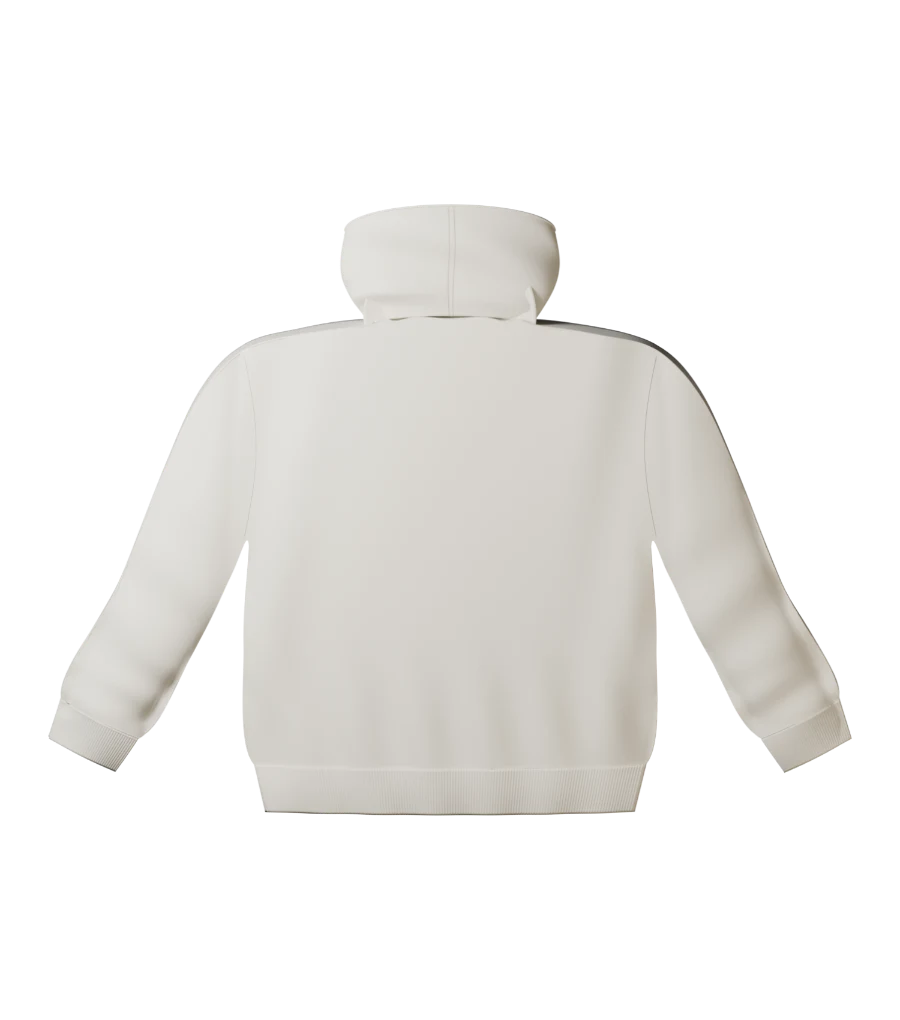 Hoodie in warm ivory — back view. Digital garment study.