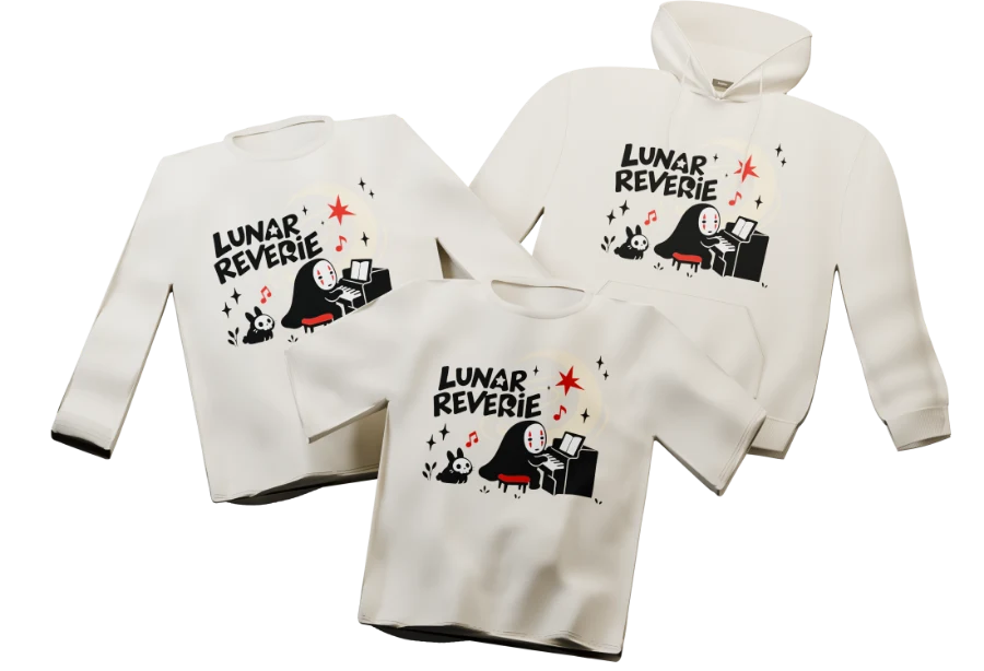 The tee, long sleeve and hoodie together, each carrying the Lunar Reverie print. Digital garment study.