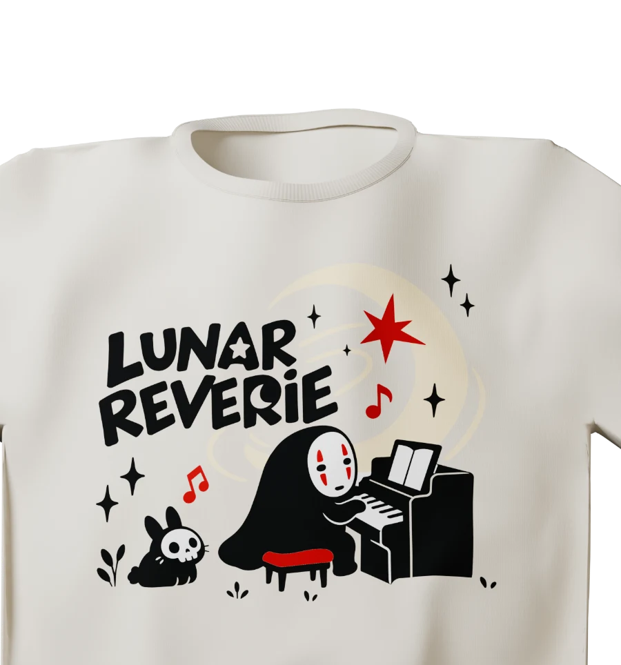 The Lunar Reverie artwork printed on the warm ivory tee. Digital garment study.